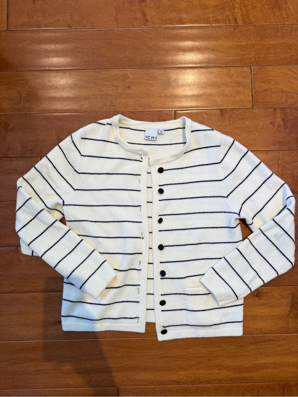 Cream and Black Striped Button Cardigan Ichi Size Small Gold buttons Sailor Swea